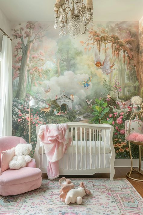 45+ Nature-Inspired Nursery Ideas for a Serene Baby Retreat Enchanted Forest Wall Mural, Enchanted Forest Nursery Theme Girl, Fairy Nursery Ideas, Enchanted Nursery Theme, Baby Girl Room Ideas Themes, Nature Nursery Theme, Mommy Core, Woodland Fairy Nursery, Fairy Nursery Theme