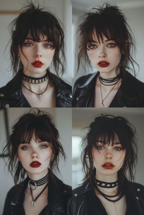 Wolf Cut Shaved Sides, Goth Hair Ideas, Dyed Wolf Cut, Goth Short Hair, Bangs Haircut Ideas, Bang Inspo, Haircut Ideas Trendy, Bangs Haircut, Cherry Red Hair