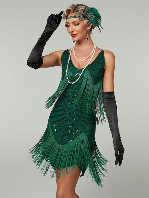 Women's Elegant Tassel Decor 1920s Vintage Style Dresses Green   Sleeveless Polyester Colorblock,Plain,All Over Print Tank Slight Stretch  Weddings & Events, size features are:Bust: ,Length: ,Sleeve Length: 1920 Fashion Women, Charleston Outfits, Estilo Charleston, 1920s Outfit, Gatsby Fashion, Gatsby Party Outfit, Flapper Outfit, 1920 Style, 20s Fashion Dresses