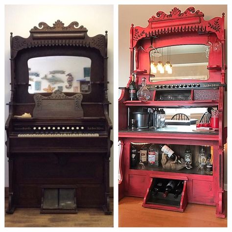 1912 Organ re-furbished into a bar! By Another Time Around in Tallahassee, FL. Upcycled Organ, Pump Organ Repurpose, Repurpose Organ, Recyled Furniture, Organ Project, Repurposed Pianos, Cottagecore Interior, Piano Restoration, Pump Organ