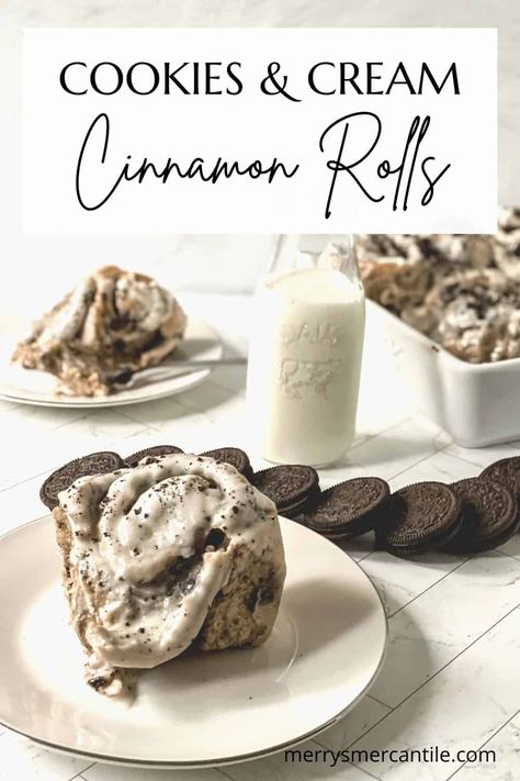 Love cinnamon rolls but excited for a change? Whip up these creamy and delicious cookies and cream cinnamon rolls. This recipe makes an 8X8 pan which is perfect for a weekend sweet treat. Cookies And Cream Cinnamon Rolls Recipe, Cookie And Cream Cinnamon Rolls, Cookies N Cream Cinnamon Rolls, Cookies And Cream Rolls, Summer Cinnamon Rolls, Different Kinds Of Cinnamon Rolls, Cinimin Rolls Recipe, Specialty Cinnamon Rolls, Flavored Cinnamon Roll Recipes