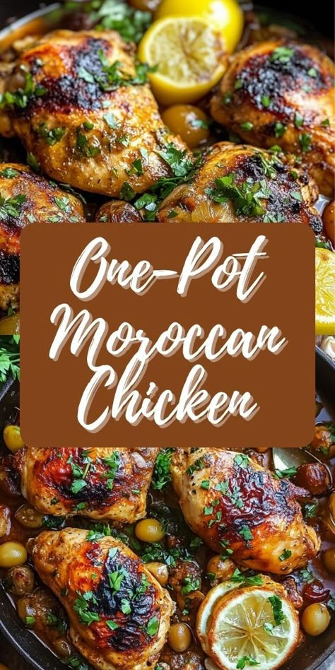 One-Pot Moroccan Chicken Ingredients: 2 teaspoons paprika 1 teaspoon ground cumin 1 teaspoon ground ginger 1/2 teaspoon ground cinnamon 1/2 teaspoon turmeric 1/4 teaspoon cayenne pepper 1 teaspoon salt 4 bone-in, skin-on chicken thighs 2 tablespoons olive oil 1 onion, chopped 4 garlic cloves, minced 1 tablespoon tomato paste 1 cup chicken broth 1 can (14-ounce) diced tomatoes 1 cinnamon stick 1 preserved lemon, chopped (or substitute with lemon zest) #OnePot #Moroccan #Chicken Moroccan Sheet Pan Chicken, Chicken With Preserved Lemons, Preserved Lemon And Tomato Chicken, Moroccan Chicken Instant Pot, One Pot Middle Eastern Chicken And Rice, Moroccan Spiced Chicken, Moroccan Chicken Tagine Recipes, Moroccan Chicken Thighs, Morracan Chicken