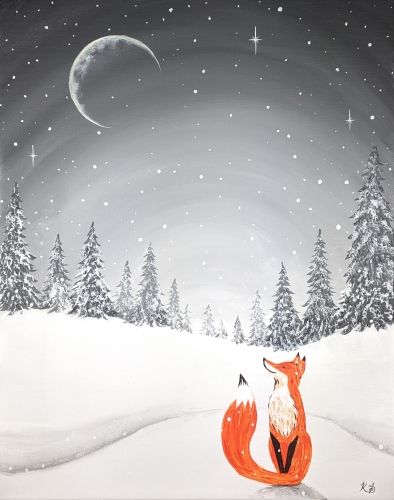 "Moonlit Winter Fox" is the latest fox painting to join the collection by artist Kaytie Smith from Tacoma, WA, USA.  Her other fox paintings include:  > "Moonlit Foxy Lovers Partner Painting" > "Fox In The Fall"  #paintnite #yaymaker Paint A Fox Tutorial, Christmas Fox Painting, Mongolian Village, Winter Fox Painting, Fox Painting Easy, Winter Fox Art, Easy Winter Painting, Christmas Acrylic Painting, Moonlit Winter