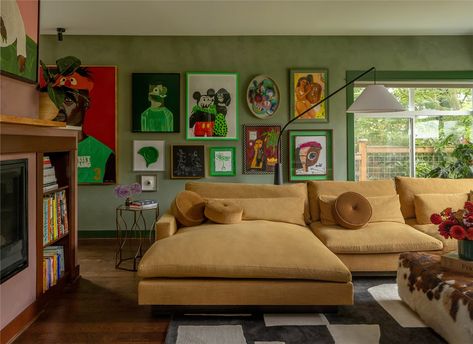 Laci Jordan, Green Gallery Wall, Artist Couple, Colourful Interiors, Seattle Homes, Zen Space, Nyc Apartment, Apartment Living Room, Apartment Living