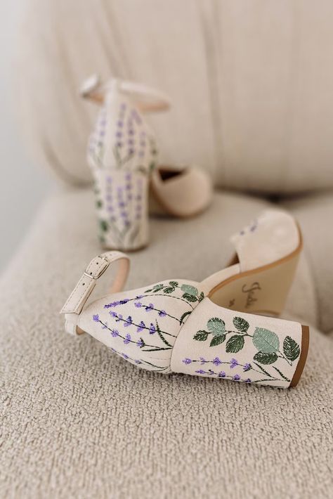 Ivorybridal Sandals With Lavender Embroidery, Wedding Shoes With V-notched Vamp,almond Toe and Ankle Strap, Bridal Shoes With Block Heel - Etsy Ukraine Boho Wedding Shoes Bride, Embroidered Wedding Heels, Shoes To Wear With Lace Wedding Dress, Boho Wedding Heels, Shoes For An Outdoor Wedding, Wedding Shoes For Grass Ceremony, Alternative Bridal Shoes, Pop Of Color Wedding Shoes, Wedding Shoes Floral