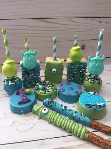 Monsters Inc Candy Table, Monsters Inc Party Treats, Monsters Inc Birthday Treats, Monster Inc Treat Ideas, Monsters Ink First Birthday, Monster Inc Cupcakes Ideas, Monsters Inc Themed Food, Monster Inc Treats, Monsters Inc Dessert Table