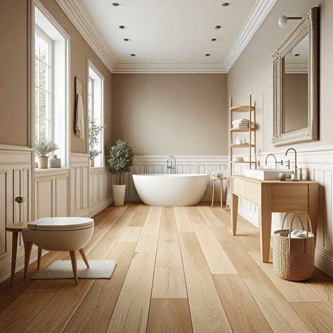 33 Bathroom Wood Flooring Ideas: Elevate Your Space with Warmth and Style » HomeDecorFull Light Wood Floor Bathroom Ideas, Wood Vinyl Bathroom Floor, Wood Flooring For Bathroom, Wood Floor In Bathroom Ideas, Bathroom With Oak Floors, Bathroom Remodel Wood Floor, Lvp Bathroom Floor, Bathroom Wood Flooring, Bathroom Wood Floors