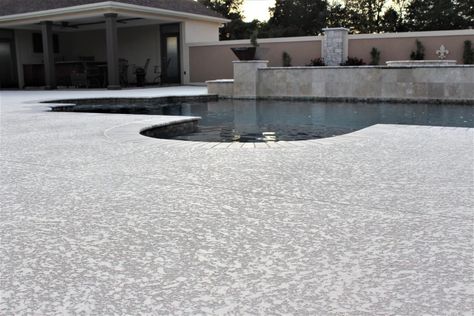 Why is spray texture finish the most ideal of all pool deck texture coatings available today? It's slip-resistant, heat-reflective, durable, & economical.    #homeimprovement  #homeideas  #poolideas  #backyard  #swimmingpool Deck Texture, Kool Deck, Knockdown Texture, Deck Resurfacing, Decks Around Pools, Pool Resurfacing, Deck Repair, Concrete Overlay, Deck Colors