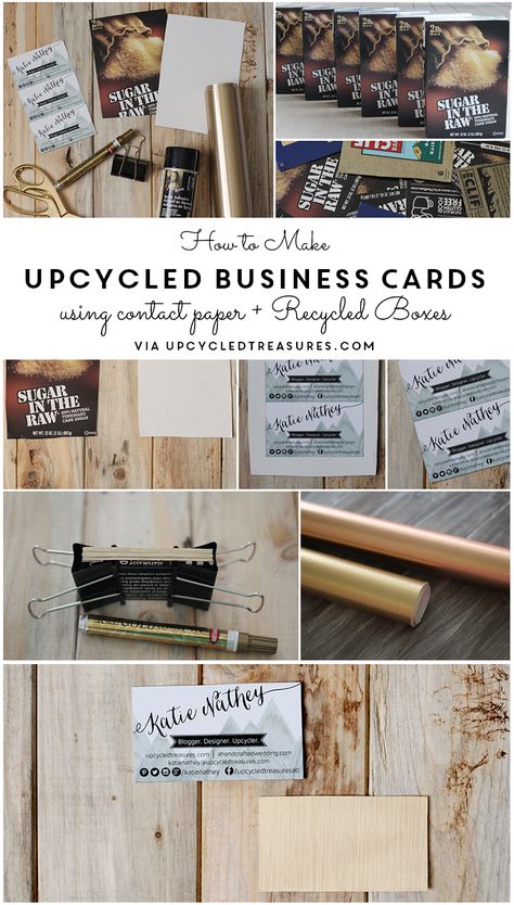 Upcycled DIY Business Cards with Contact Paper Upcycled Boxes, Old Business Cards, Reuse Recycle Upcycle, Upcycle Crafts, Homemade Business, Business 101, Upcycle Ideas, Blank Business Cards, Diy Business Cards