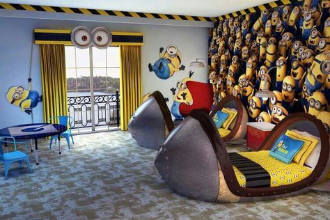 Q Minion Room Decor, Minion Bedroom, Minion Room, Themed Hotel Rooms, Minion Theme, Boys Bedrooms, Family Room Design, Boy's Bedroom, Cool Beds