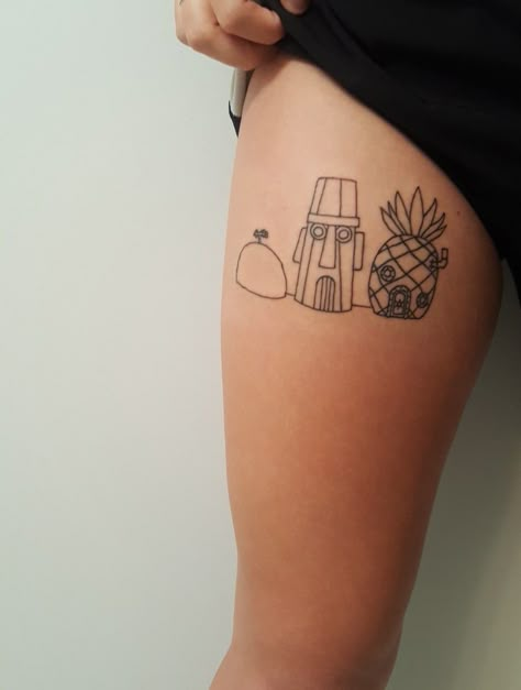 #spongebob #tattoo Funny Thigh Tattoos, Spongebob Tattoo Minimalist, Spongebob Outline Tattoo, Spongebob Houses Tattoos, Spongebob And Patrick Tattoo Ideas, Spongebob Tattoo Black And White, Patrick Tattoo Spongebob, Gary Spongebob Tattoo, Spongebob House Tattoo