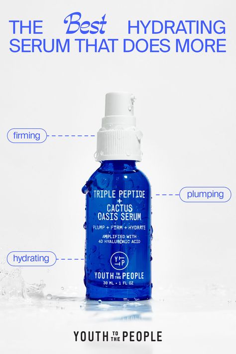 Operation bouncy, plumped, and hydrated skin is in full effect—and we have Youth To The People’s new Triple Peptide + Cactus Oasis Serum to thank for that. Filled to the brim with clinically proven ingredients like 4D hyaluronic acid and bio-peptides, this vegan hyaluronic acid serum hydrates—and it does so much more than that, too. This is a plumping, firming, and hydrating serum in one. Skin Care Design, Beauty Branding Design, Best Hydrating Serum, Youth To The People, Product Ingredients, Hydrated Skin, Cosmetic Design, Graphic Design Fonts, Hyaluronic Acid Serum