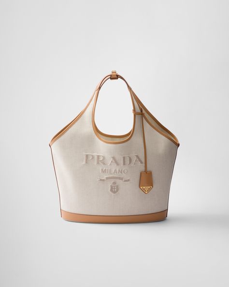 Natural Large Linen Blend And Leather Tote Bag | PRADA Prada Tote Bag, Canvas Leather Tote, Large Leather Tote Bag, Embroidered Tote Bag, Embroidered Tote, Large Leather Tote, Leather Keyring, Prada Leather, Dolce E Gabbana