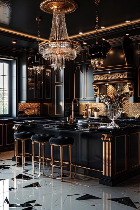 29 Art Deco Kitchen Ideas for a Glamorous Makeover Art Deco Kitchen Ideas, Art Deco Kitchen Design, Regency Art, Black Modern Kitchen, Art Deco Ideas, Glam Kitchen, Deco Kitchen, Art Deco Kitchen, Bold Kitchen