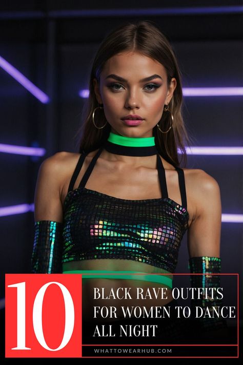 Discover the ultimate list of 10 black rave outfits that let you dance the night away. Perfectly suited for women who love dark and bold styles, each outfit offers comfort and striking style. Whether you prefer a laid-back vibe or something daring, find your ideal rave look here! #UltimateRaveOutfits #BlackStyle #WomenRaveWear Black Rave Outfits, Holographic Crop Top, Rave Look, Black Outfits For Women, Explore Outfit, Dark Glamour, Black Mesh Bodysuit, Rave Looks, Rave Style