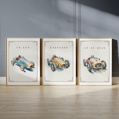 This set of three vintage race car prints is the perfect addition to a neutral nursery with a touch of vintage flair! Featuring the French quote “oh les endroits où tu iras,” which translates to “oh the places you will go,” this collection offers a charming mix of 1920s nostalgia for your little car enthusiast. Available posted to your door and as Instant Downloads for at home printing! Visit Brookley Designs (link in bio) today! 🤍🧸 #boysroom #racingcarroom #vintagecars #vintagenurs... Vintage Race Car Nursery, Racing Nursery, Vintage Baby Boy Nursery, Race Car Nursery, Boy Nursery Cars, Vintage Playroom, Vintage Boys Room, Vintage Car Nursery, Vintage Car Decor