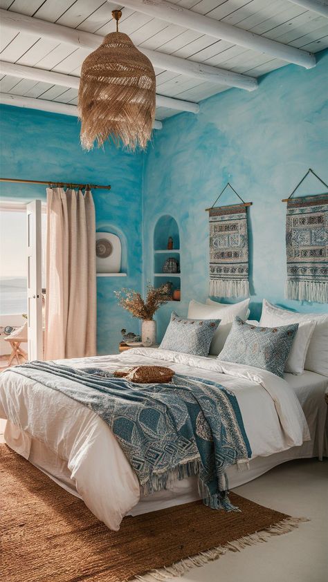 Greece Themed Room, Greek Inspired Bedroom, Greek Style Bedroom, Blue Boho Bedroom Ideas, Blue Boho Bedroom, Greek Bedroom, Greek Interior Design, Mediterranean Bedroom, Blue Wall Colors