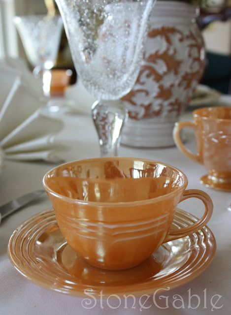 Easter Dinner Tablescape, Dinner Tablescape, Fire King Dishes, Peach Candle, Christmas Dinners, Tangerine Dream, Vintage Dishware, Orange Tea, Peach Lustre