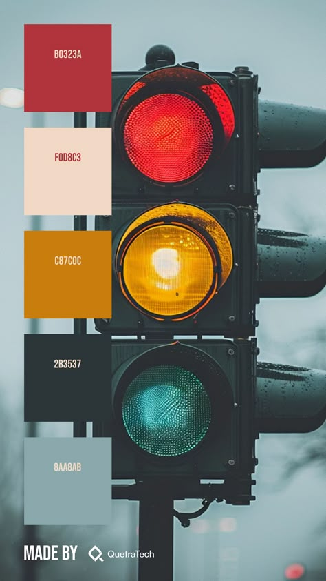 Colors:
B0323A
F0D8C3
C87C0C
2B3537
8AA8AB Red Yellow And Blue Aesthetic, Dynamic Color Palette, Traffic Lights Aesthetic, Red Yellow Color Palette, Red And Yellow Color Palette, Urban Color Palette, Pretty Color Combos, Home Color Palettes, Primary Color Palette