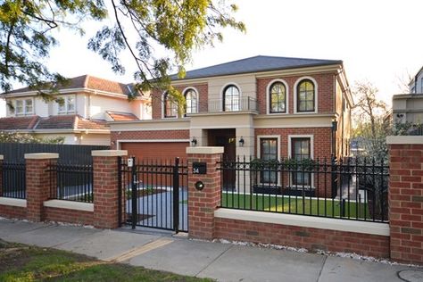 Front Yard Tree Landscaping, House Front Gate, Fence Wall Design, Copper House, Trees For Front Yard, Red Brick Wall, House Fence Design, Brick Fence, Entrance Gates Design