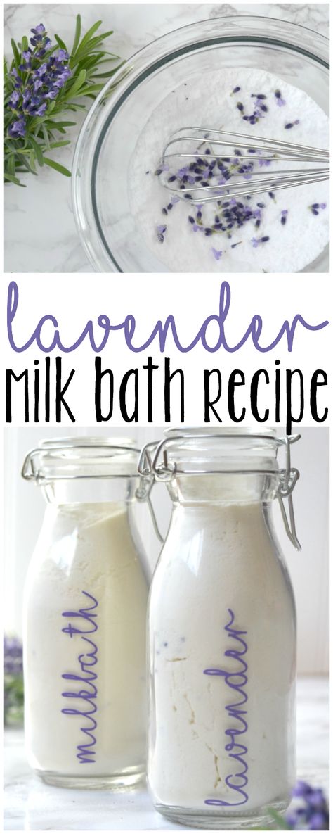 DIY Lavender Milk Bath Recipe - threelittleferns.com Milk Bath Diy, Lavender Milk Bath, Milk Bath Recipe, Lavender Milk, Diy Lavender, Bath Recipes, Lavender Bath, Diy Spa, Homemade Bath Products