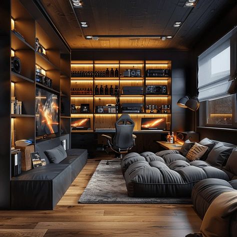 Home Office Entertainment Room, Modern Luxury Study Room, Gaming Room Storage Ideas, Organic Modern Game Room, Work Room Design Office, Working Room Design Home, Study Room Decor Modern, Modern Basement Design Ideas, Office Man Cave Combo