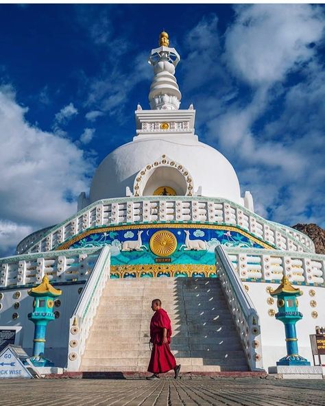 Shanti Stupa is a Buddhist white-domed stupa on a hilltop in Chanspa, Leh district, Ladakh, in the north India. It was built in 1991 by Japanese Buddhist Bhikshu, Gyomyo Nakamura and part of the Peace Pagoda mission. Leh Ladakh Photography, Ladakh Aesthetic, Soldier Quotes, Buddhist Stupa, India Tourism, Tibet Art, Ladakh India, India Poster, Leh Ladakh