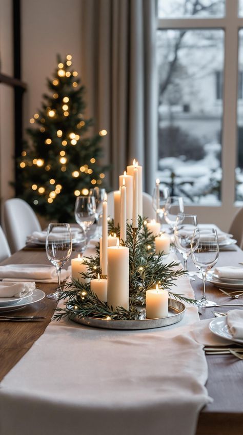 Elegant holiday table setting featuring white pillar candles nestled in lush greenery on a long, wooden table. Sparkling stemware, crisp linens, and a softly glowing Christmas tree in the background create a warm, inviting ambiance, perfect for festive gatherings and cozy winter dinners. Elegant Christmas Wedding Centerpieces, Mini Christmas Tree Table Decor, Round Table Centerpieces Christmas, Classy Christmas Table Decor, Timeless Christmas Decor, Elegant Table Settings Classy, Elegant Christmas Table Settings, Classy Christmas Decorations, Christmas Table Decorations Ideas