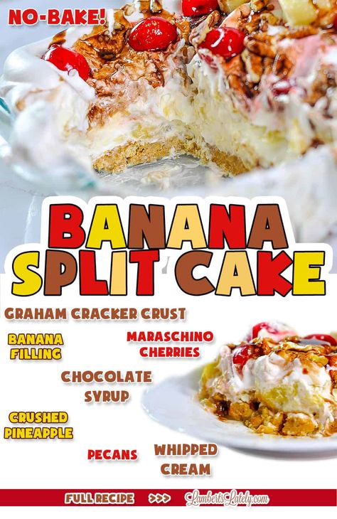 This no bake banana split cake is an easy layered dessert recipe, with pudding mix, cream cheese, chocolate, pineapple, and cherries. Enjoy your favorite ice cream dessert in cake form! Recipe With Pudding, No Bake Banana Split Cake, Banana Split Cake Recipe, Chocolate Pineapple, Easy Sweet Treats, Quick And Easy Sweet Treats, Instant Banana Pudding, Recipes For Fun, Bake Banana