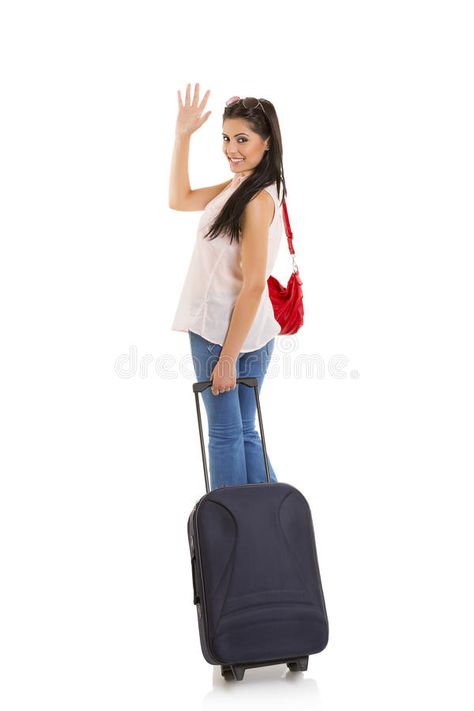 Waving goodbye. Smiling pretty woman carrying travel suitcase and waving goodbye , #AFF, #pretty, #woman, #Smiling, #Waving, #goodbye #ad Woman Waving Goodbye, Waving Goodbye Pose, Goodbye Pose Reference, Waving Goodbye Drawing, Someone Waving Reference, Wave Pose Reference, Goodbye Illustration, Waving Pose Reference, Waving Pose