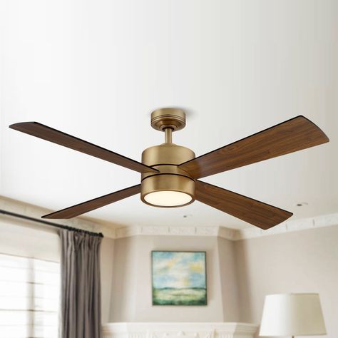 52" Wooden 4-Blade Brushed Brass LED Ceiling Fan with Remote - Bed Bath & Beyond - 36042623 Brass Ceiling Fan, Living Room Ceiling Fan, Wood Ceiling Fans, Ceiling Fan Bedroom, Ceiling Fan Design, Living Room Ceiling, Led Ceiling Fan, Modern Ceiling Fan, Ceiling Fan With Remote