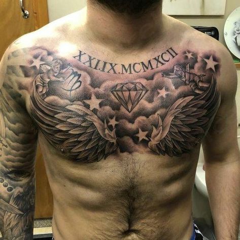 Pin em Tattoos Chest Piece Tattoo, Tattoos Cross, Tattoo Sydney, Ems Tattoos, Piece Tattoo, Tattoos Meaning, Male Chest, Magic Tattoo, Pieces Tattoo