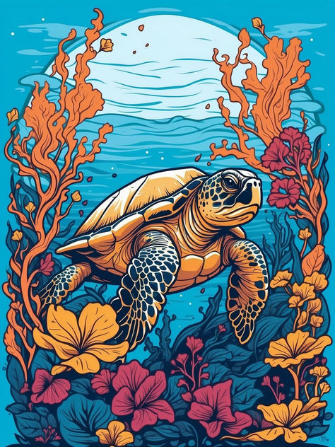 Sea Turtle Illustration, Ocean Creatures Art, Turtle Illustration, Sea Flowers, Water Poster, Art 2024, Waves Background, Vector Pop, A Turtle