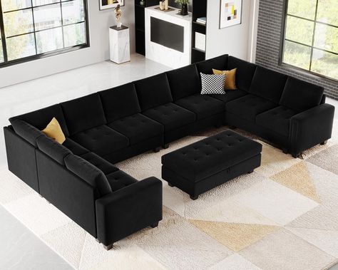 PRICES MAY VARY. Space Saving & Movable Ottoman:The ottomans of this modular sectional sofa set can be moved freely. It can be connected with the sofa seat to form a long chaise, giving you enough space to lie down and relax.And the ottomans has an extra storage space which is large enough to put extra pillows, blankets, books or holiday decorations, makes things more uniform and organized. Pet Friendly & Easy to Clean:The velvet fabric makes this U shaped sofa not only elegant and retro, but al Oversized Couch Sectional, Black Sectional, U Shaped Sectional Sofa, Couch With Ottoman, Sofa With Storage, Velvet Sectional, Modular Couch, Modular Sofas, Velvet Couch