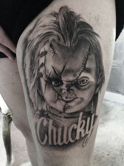 Chucky Tattoo Leg, Chucky Drawing Tattoo, Bride Of Chucky Tattoo, Chucky Tattoo Design, Hood Drawing, Side Tat, Chucky Tattoo, Black Men Tattoos, Simpsons Tattoo