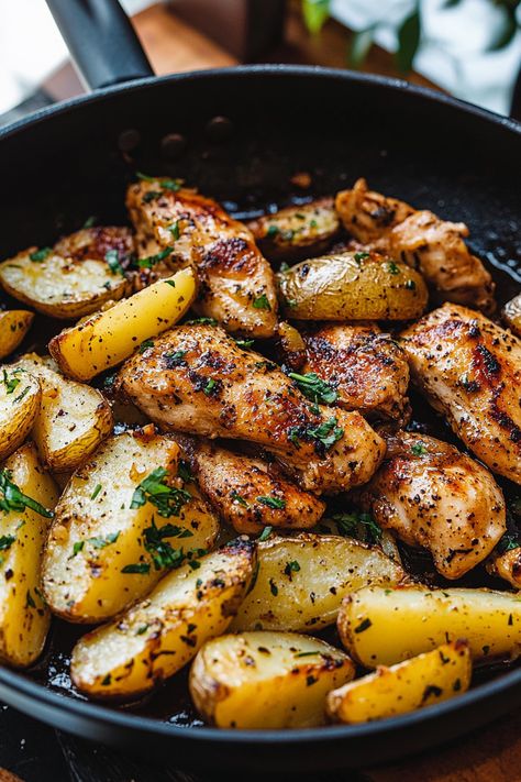 Garlic Butter Chicken and Potatoes Skillet Big Dinner Ideas, Chicken Fillet Recipes Easy, Chicken Recipes Lunch, Monday Dinner Ideas, Chicken And Potatoes Recipes, Chicken And Potatoes Skillet, Garlic Butter Chicken And Potatoes, Butter Chicken And Potatoes, Roasted Chicken Potatoes