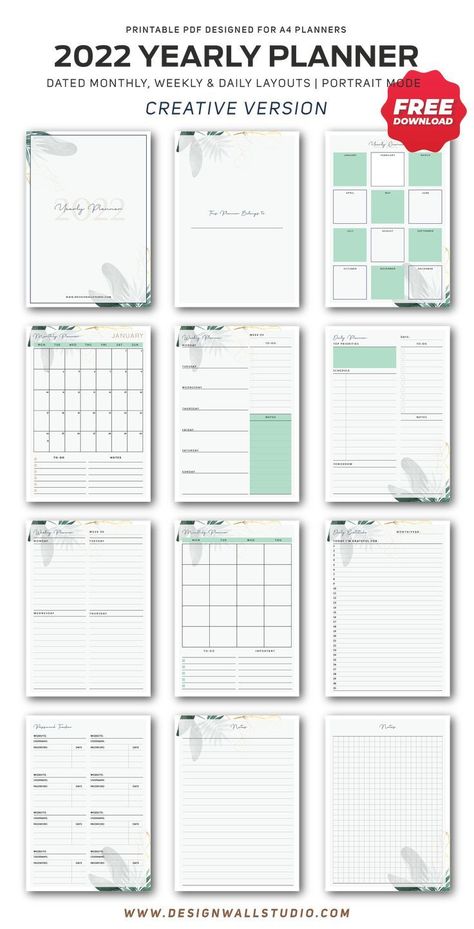 2022 Yearly Planner - 12 Layouts (A4) - Free Printable Planner | Printable Planner For Moms by  Maureen Cox Yearly Planner Template, Monthly Planner Book, Planners Design, Planner For Moms, Planner Design Layout, Planner Monthly Layout, Planner Weekly Layout, Train Movie, Agenda Digital