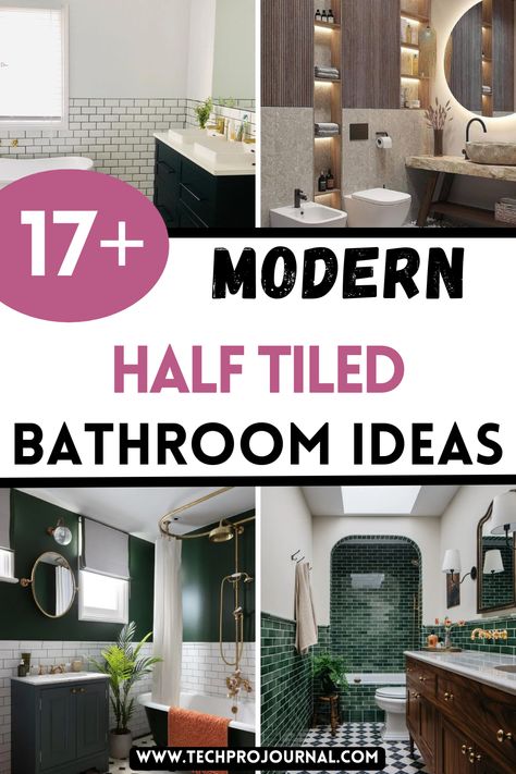 If you're sick of the same old bathroom look, modern half tiled bathroom ideas are here to transform your space. With modern half tiled bathroom ideas, you get a sleek, stylish vibe that balances elegance and function effortlessly. Tile Wall In Half Bath, Half Tiled Small Bathroom, Bathroom Ideas Half Tiled, Half Tile Wall Bathroom Ideas, Half Paint Half Tile Bathroom, Half Bath Tile Wall Ideas, Bathroom Half Wall Tile Ideas, Two Tone Subway Tile Bathroom, Bathroom Tile Wainscoting Ideas