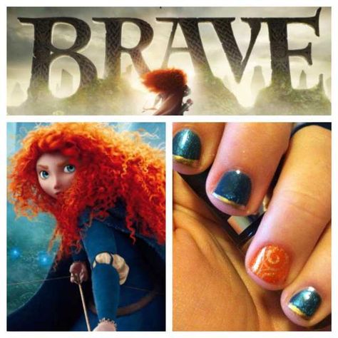 Brave Inspired Nails, Disney Brave Nails, Merida Nails, Disney Fingernails, Brave Nails, Braves Nails, Princess Nail Art, Brave Party, Disney Princess Nails