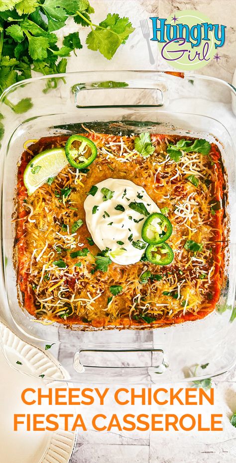 Healthy Cheesy Chicken Fiesta Casserole Recipe | Hungry Girl Chicken Fiesta Casserole, Fiesta Casserole, Chicken Fiesta, Healthy Eating Guide, Dinner Recipes Healthy Low Carb, Hungry Girl Recipes, Low Carb Low Fat Recipes, Food Time, Hungry Girl