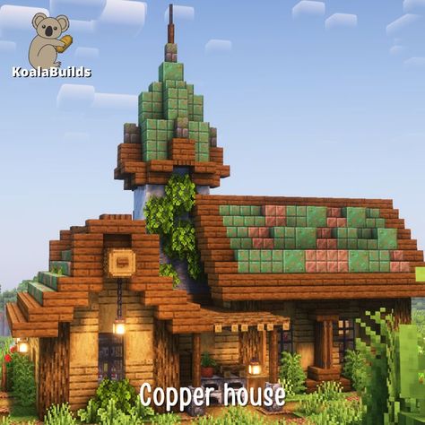 Tap to watch the full relaxing tutorial Minecraft Copper Roof, Copper House Minecraft, Minecraft Copper House, Minecraft House With Tower, Mincraft Idea Houses Cozy Easy, Minecraft Copper Builds, Minecraft Copper, Minecraft Farm House, Minecraft Homes