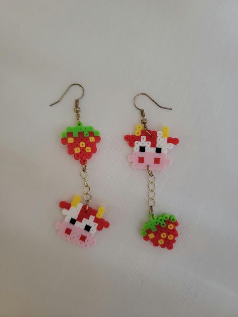 These mini perler strawberry cow earrings are perfect for any cottage core occasion! These are made of mini perler beads. They are super light weight and the hooks are nickel free! Perler Beads Fruit, Pig Perler Beads, Strawberry Perler, Small Perler Beads, Tiny Perler Bead Patterns, Pixel Earrings, Mini Perler Bead Patterns, Perler Beads Earrings, Mini Perler Beads