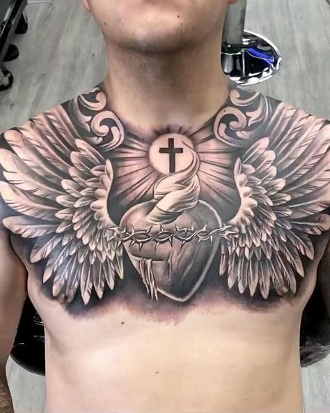 Sacred Heart Tattoo On Chest, Sacred Heart Tattoo Chest, Christian Chest Tattoo Men, Sacred Heart Chest Tattoo, Cross Tattoo Chest, Chest Tattoo Heart, Sacred Heart With Wings, Chest Tattoo Sketches, Heart With Wings Tattoo