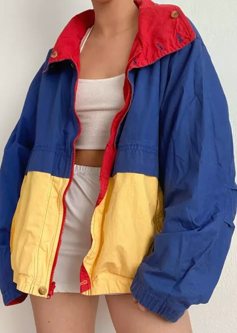 Colourful 90s Fashion, Heartbreaker High Amerie Outfits, 90s Windbreaker Outfit Women, Primary Color Clothes, Primary Color Fashion, 80s Sporty Outfits, 80s Retro Aesthetic Outfits, Oversized Windbreaker Outfit, Windbreaker Outfit Ideas