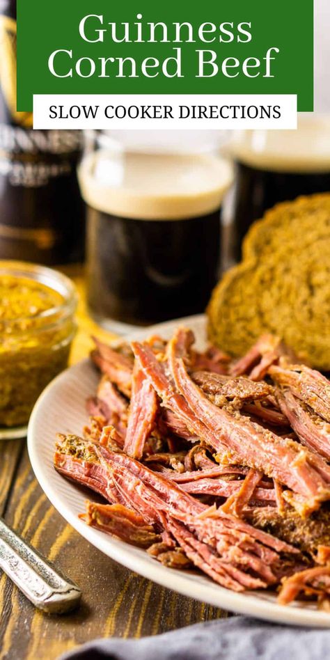 St. Patrick's Day dinner doesn't get easier than this slow cooker Guinness corned beef! After simmering in Guinness and an array of warm spices, this corned beef becomes fork tender and full of flavor. Whether you serve it with a side of cabbage or piled high on a sandwich, everyone always loves this easy-as-can-be corned beef. Crockpot Corned Beef With Guinness, Corn Beef With Guiness, Corn Beef Crock Pot Beer, Corned Beef Guinness Crock Pot, Corned Beef And Cabbage Crock Pot Guinness, Corned Beef Recipes Slow Cooker With Guiness, St Patrick’s Day Corned Beef And Cabbage, Guinness Corned Beef Slow Cooker, Corned Beef Recipes Slow Cooker Guinness