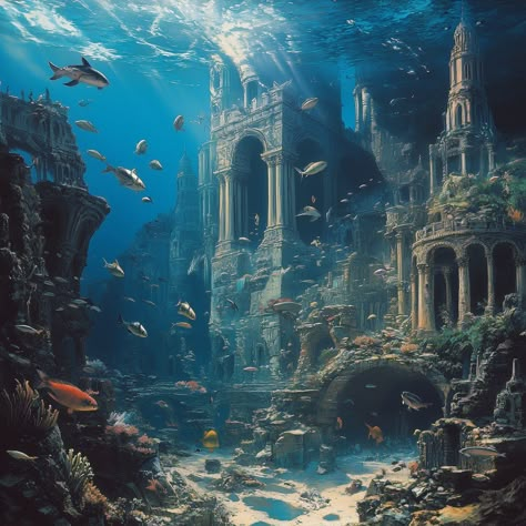 The Mythical Atlantis: A Lost World Beneath the Waves Immerse yourself in the breathtaking beauty of Atlantis, the legendary sunken city. This ethereal underwater realm teems with vibrant marine life and ancient ruins steeped in mystery. Perfect for dreamers, adventurers, and mythology enthusiasts, this visual masterpiece invites you to explore a world forgotten by time. #Atlantis #UnderwaterCity #FantasyArt #LostCity #MythicalWorld #LegendsOfTheDeep #OceanMysteries #SunkenCivilization #Aqu... Antediluvian World, Atlantis Art Underwater City, Underwater City Fantasy Art, Atlantis Ruins, Aquatic Architecture, Atlantis Underwater, Atlantis Aesthetic, Underwater Temple, Atlantis City