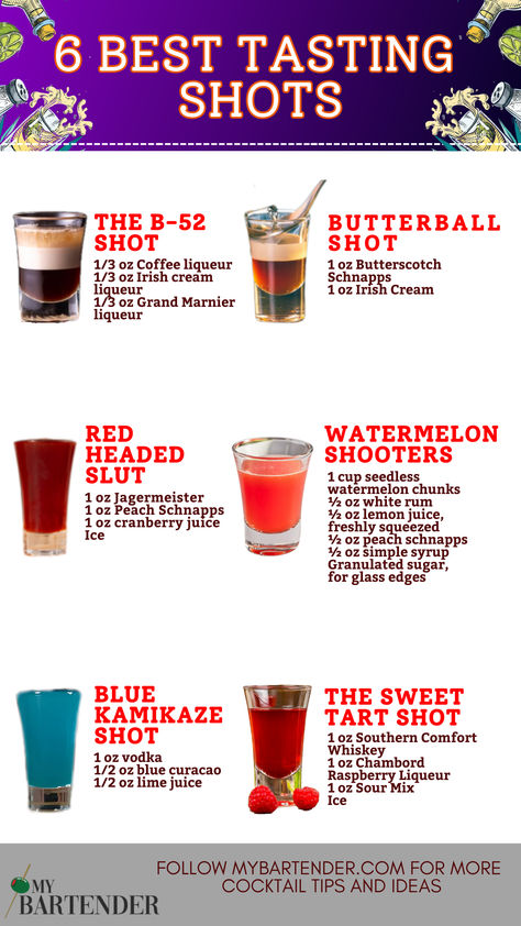 Best Tasting Shots Alcoholic Drinks Recipes For A Party, Non Alcoholic Shots Recipes, Holiday Shots Recipes, B 52 Shots, Jagermeister Drinks Recipes, Cocktails To Order At A Bar, Birthday Shots Recipes, Shot Ideas For Party, Basic Bar Drinks