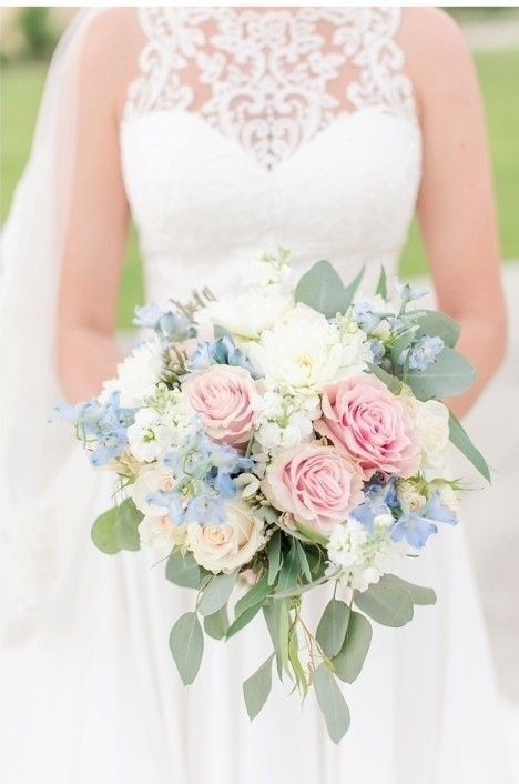 Pink White Blue Bouquet, White And Pastel Wedding Flowers, Blue White Pink Wedding, Pastel Wedding Flowers Bridal Bouquets, Pink And Blue Wedding Flowers, Pink And Blue Bouquet, March Wedding Flowers, Bridal Bouquet Peony, Pastel Wedding Bouquet