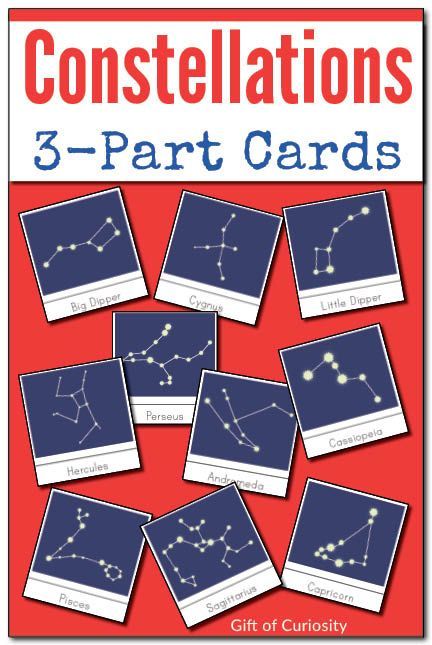 Montessori Constellations 3-part cards featuring 24 different constellations. Includes a version with white stars on a dark background and version with grey stars on a white background. || Gift of Curiosity Preschool Constellation Craft, Constellations Printable, Rain Stick Craft, Space Montessori, Homeschool Astronomy, Human Body Activities, Montessori Science, Montessori Geography, Montessori Elementary