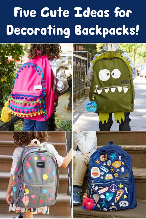 Learn how to personalize a backpack in one of five fun ways! Get ideas for how to decorate a backpack that kids will absolutely love. Cheap Playful Backpack For Students, Ways To Customize Your Backpack, Playful Cheap Backpack For Students, Cheap Playful School Backpack, Decorating Backpack, Diy Backpack Decoration, Affordable Novelty School Backpack, Painting Backpack, Personalized Backpack Kids